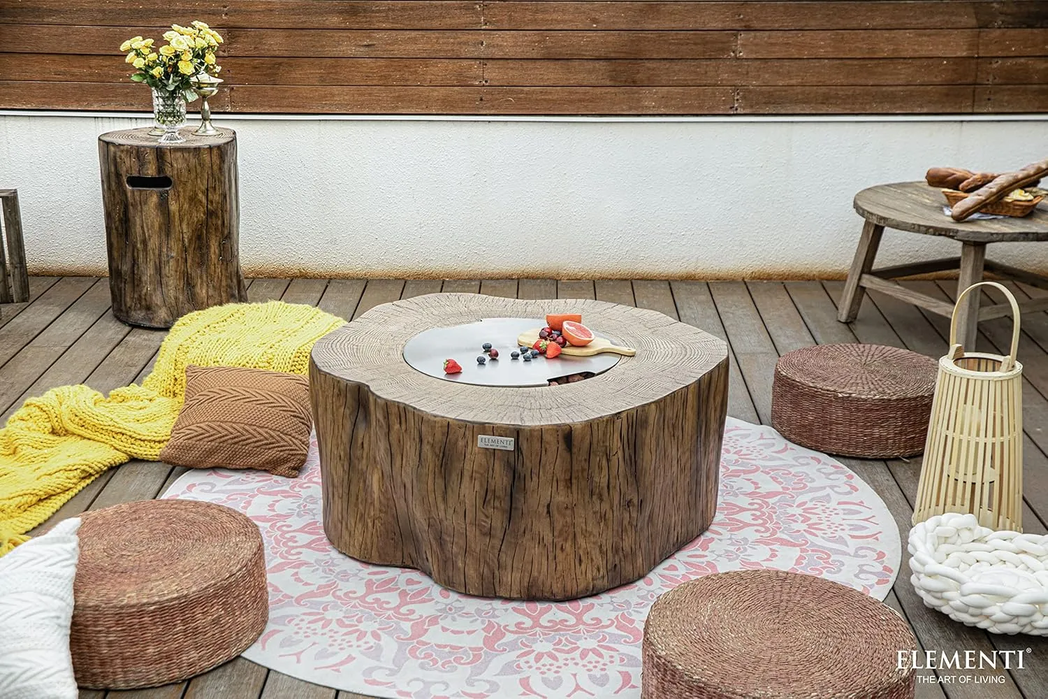 AMS Fireplace Elementi Red Wood Manchester Liquid Propane Gas Fire Pit Table for Outside Patio Bundle with Tank Cover, Wind Guard and Burner Lid | Free Rubber Mat, Ice Bucket and Counter-top Lantern