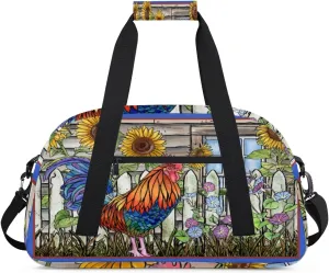 Animal Rooster Gym Duffel Bag for Men Women Sunflower Flower Sports Tote Bag with Adjustable Shoulder Strap for Dance Gymnastics Traveling Outdoor Camping Overnight Stay