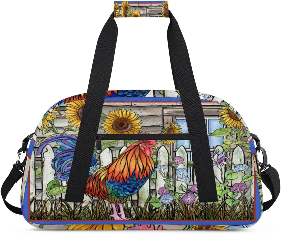 Animal Rooster Gym Duffel Bag for Men Women Sunflower Flower Sports Tote Bag with Adjustable Shoulder Strap for Dance Gymnastics Traveling Outdoor Camping Overnight Stay