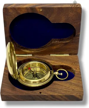 Antique Brass Compass with Wooden Box – Vintage Maritime Pocket Compass with Lid for Hiking, Navigation, and Gifting – Handmade Nautical Compass