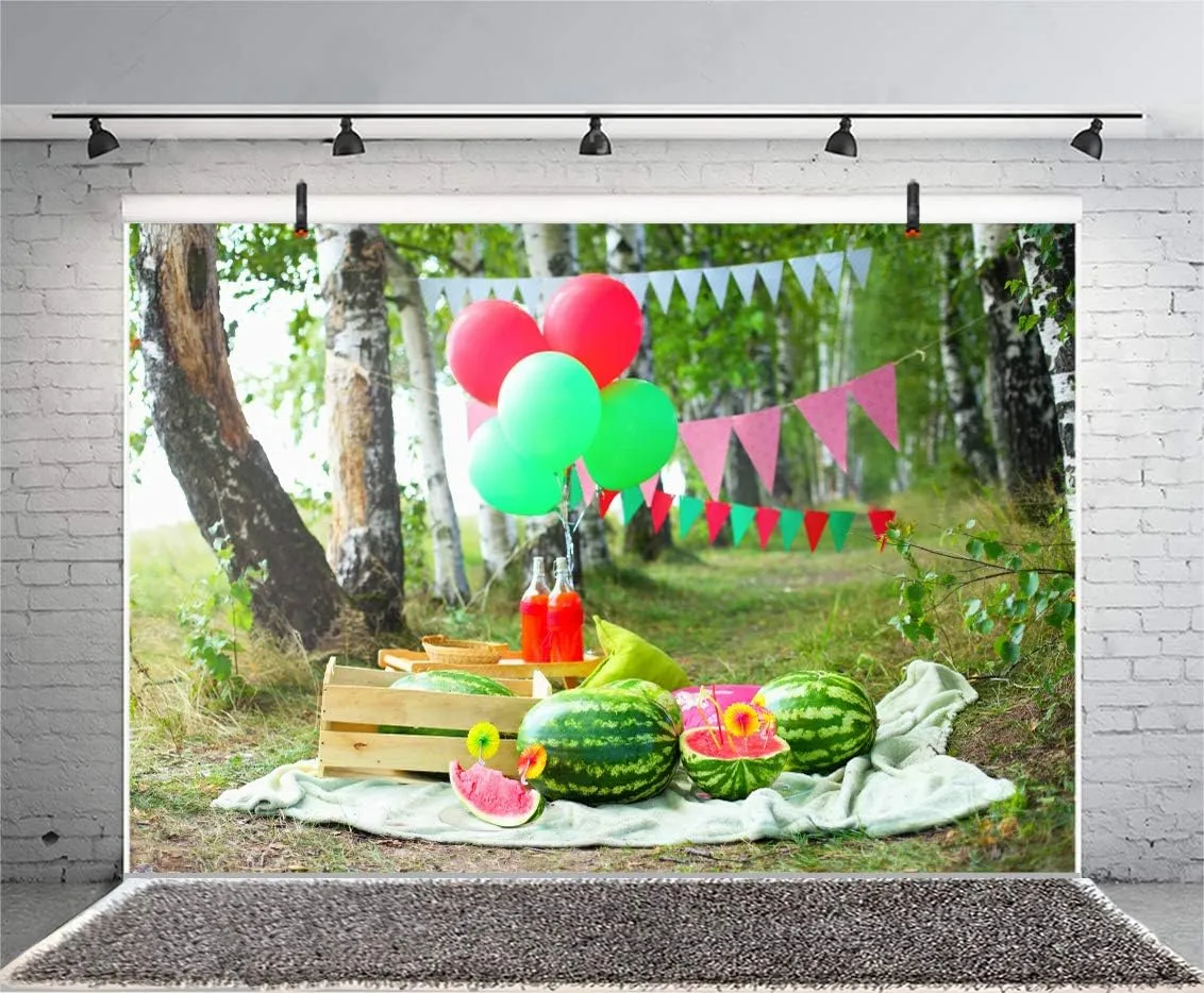 AOFOTO 7x5ft Outdoors Travel Picnic Scene Backdrop Summer Watermelons Juice Forest Camping Holiday Celebration Photography Studio Background Birthday Party Decoration Banner Video Drape Photos Prop