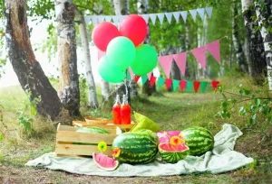 AOFOTO 7x5ft Outdoors Travel Picnic Scene Backdrop Summer Watermelons Juice Forest Camping Holiday Celebration Photography Studio Background Birthday Party Decoration Banner Video Drape Photos Prop
