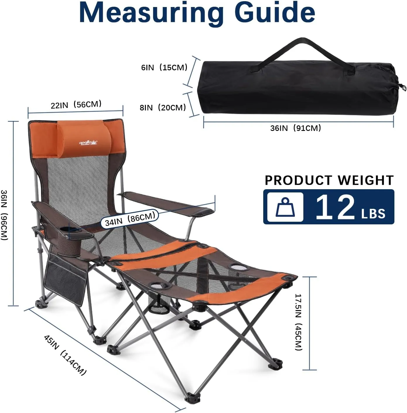 apollo walker Camping Chairs for Adults - 8 Legged 3 in 1 Detachable Beach Chair with Foot Rest, Adjustable 90° - 135° Reclining Lounge Chair Outdoor, Folding Chairs for Outside with Pillow, Carry Bag