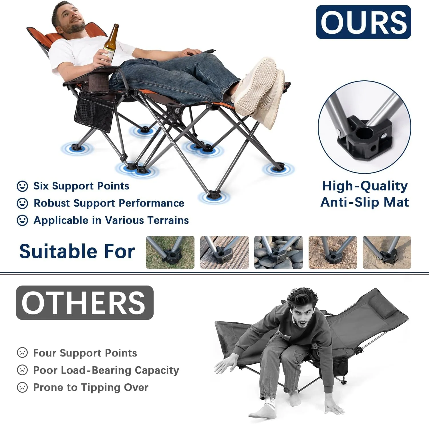 apollo walker Camping Chairs for Adults - 8 Legged 3 in 1 Detachable Beach Chair with Foot Rest, Adjustable 90° - 135° Reclining Lounge Chair Outdoor, Folding Chairs for Outside with Pillow, Carry Bag
