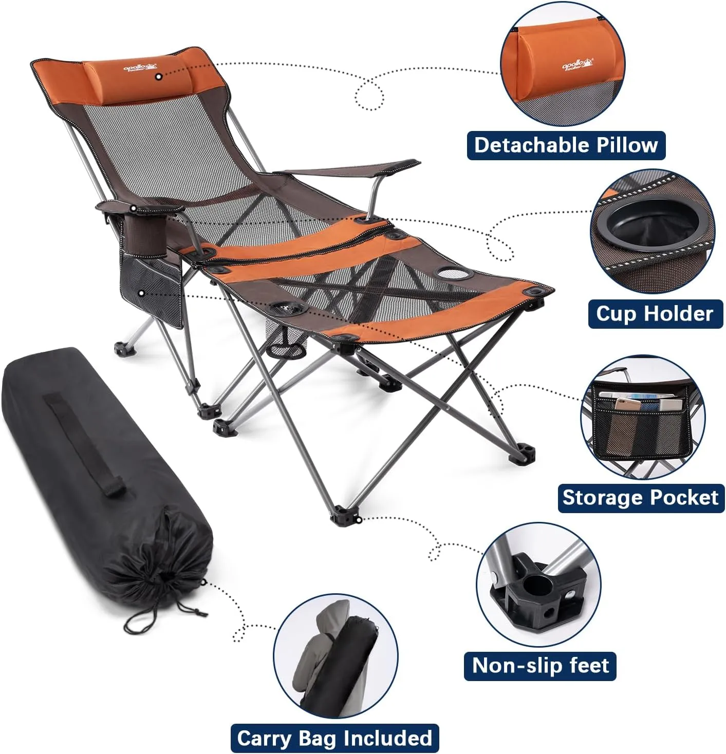 apollo walker Camping Chairs for Adults - 8 Legged 3 in 1 Detachable Beach Chair with Foot Rest, Adjustable 90° - 135° Reclining Lounge Chair Outdoor, Folding Chairs for Outside with Pillow, Carry Bag