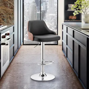 Armen Living Asher Modern Adjustable Height Swivel Black Faux Leather and Walnut Wood Bar Stool with Chrome Base for Kitchen Island Counter