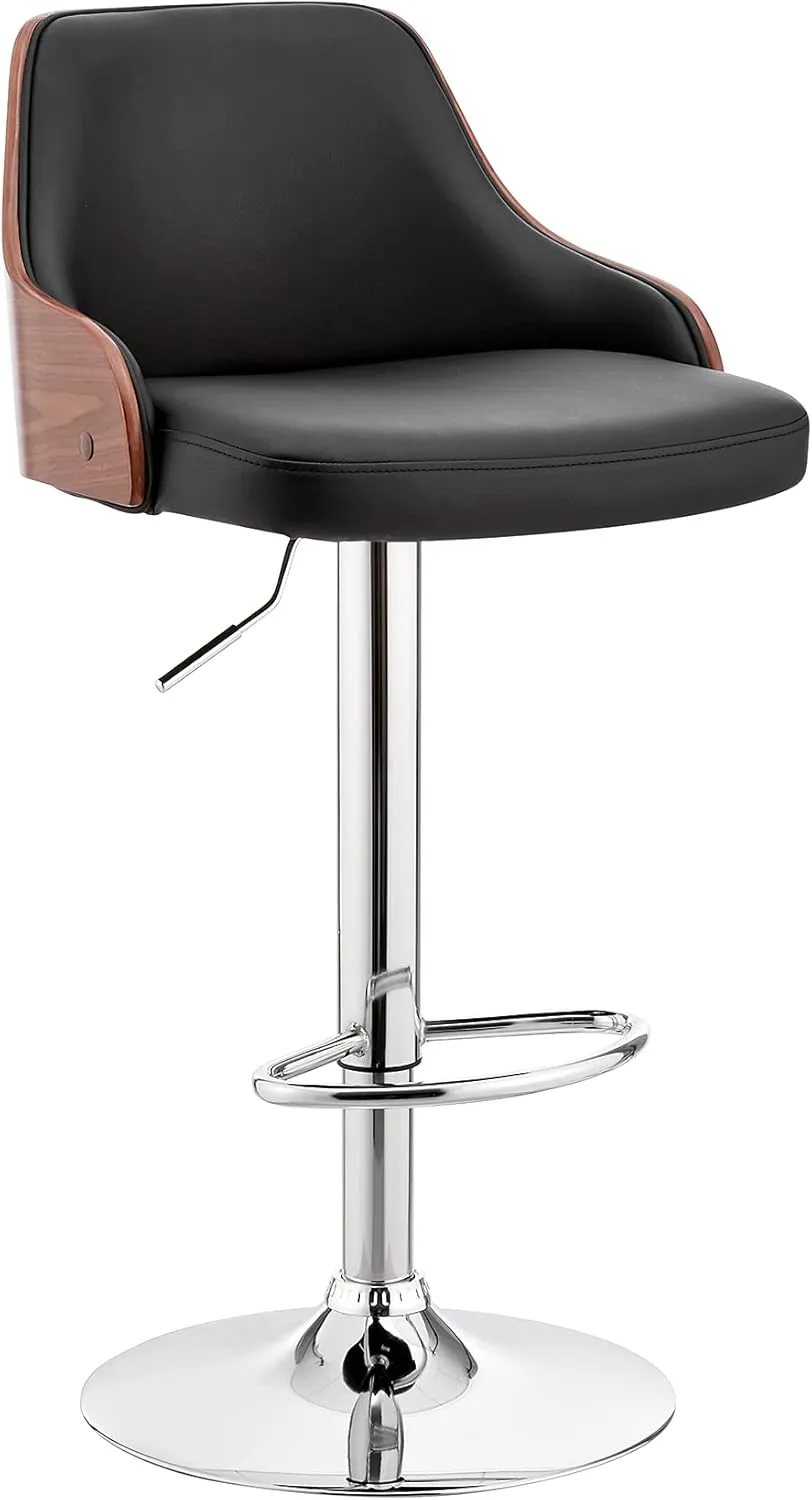 Armen Living Asher Modern Adjustable Height Swivel Black Faux Leather and Walnut Wood Bar Stool with Chrome Base for Kitchen Island Counter