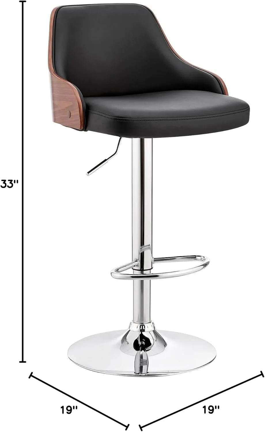 Armen Living Asher Modern Adjustable Height Swivel Black Faux Leather and Walnut Wood Bar Stool with Chrome Base for Kitchen Island Counter