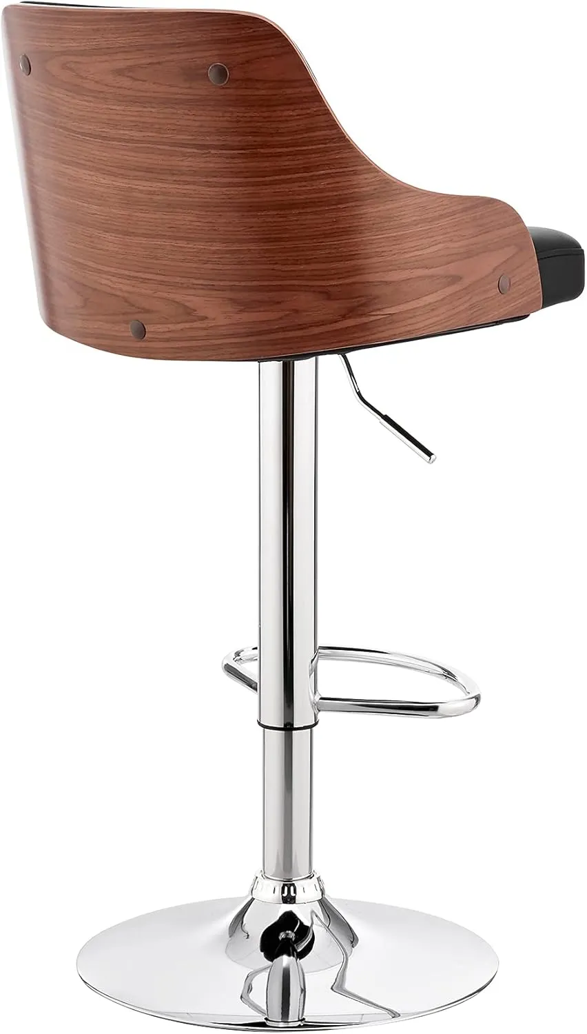 Armen Living Asher Modern Adjustable Height Swivel Black Faux Leather and Walnut Wood Bar Stool with Chrome Base for Kitchen Island Counter
