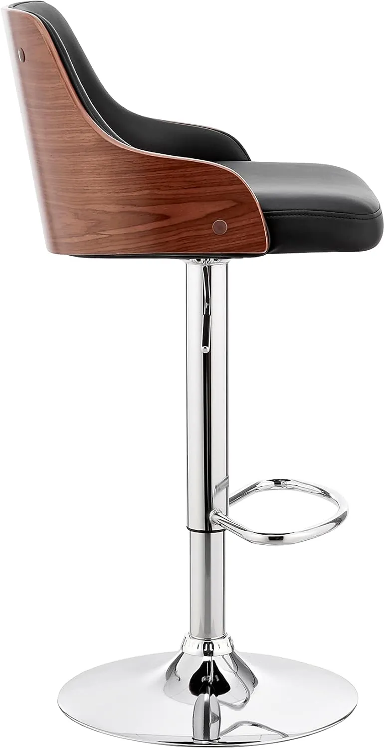 Armen Living Asher Modern Adjustable Height Swivel Black Faux Leather and Walnut Wood Bar Stool with Chrome Base for Kitchen Island Counter