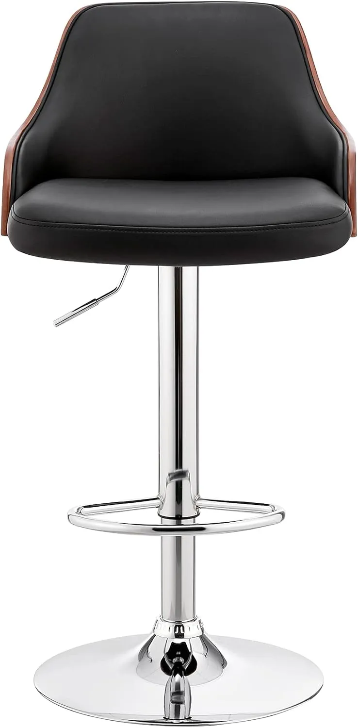 Armen Living Asher Modern Adjustable Height Swivel Black Faux Leather and Walnut Wood Bar Stool with Chrome Base for Kitchen Island Counter