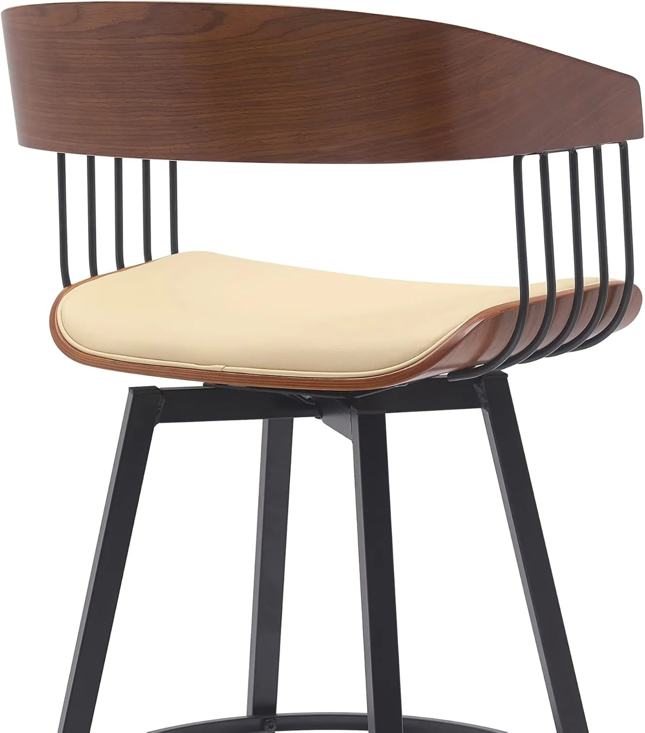 Armen Living Athena 31" Seat Height Mid Century Modern Swivel Walnut Wood Bar Stool for Kitchen Island Counter in Cream Faux Leather with Black Metal