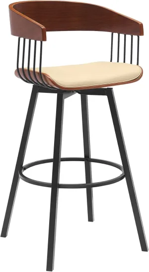 Armen Living Athena 31" Seat Height Mid Century Modern Swivel Walnut Wood Bar Stool for Kitchen Island Counter in Cream Faux Leather with Black Metal