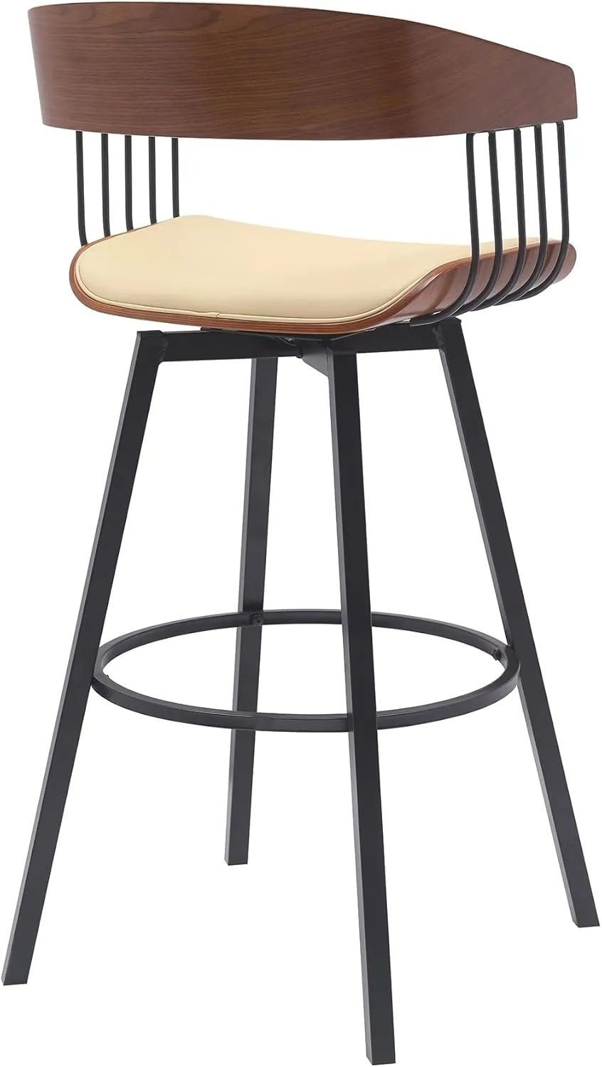 Armen Living Athena 31" Seat Height Mid Century Modern Swivel Walnut Wood Bar Stool for Kitchen Island Counter in Cream Faux Leather with Black Metal