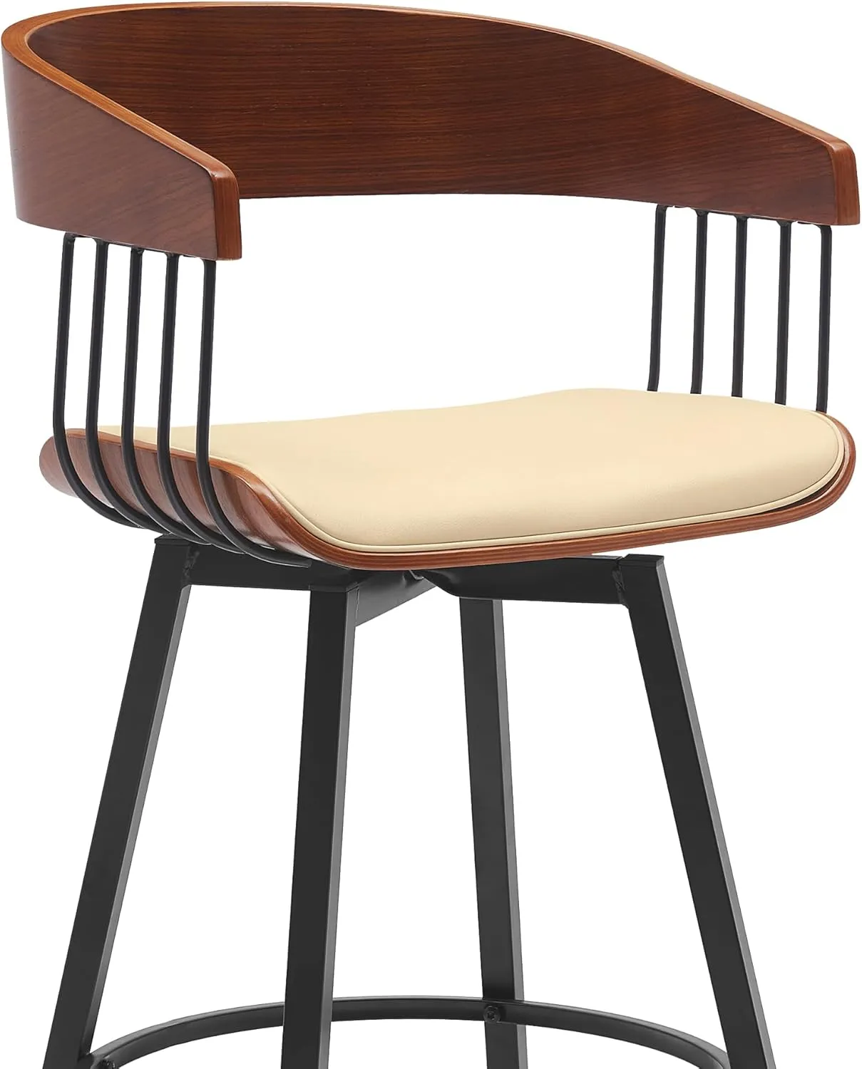 Armen Living Athena 31" Seat Height Mid Century Modern Swivel Walnut Wood Bar Stool for Kitchen Island Counter in Cream Faux Leather with Black Metal