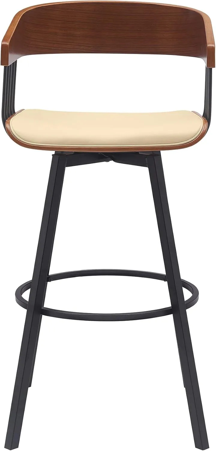 Armen Living Athena 31" Seat Height Mid Century Modern Swivel Walnut Wood Bar Stool for Kitchen Island Counter in Cream Faux Leather with Black Metal