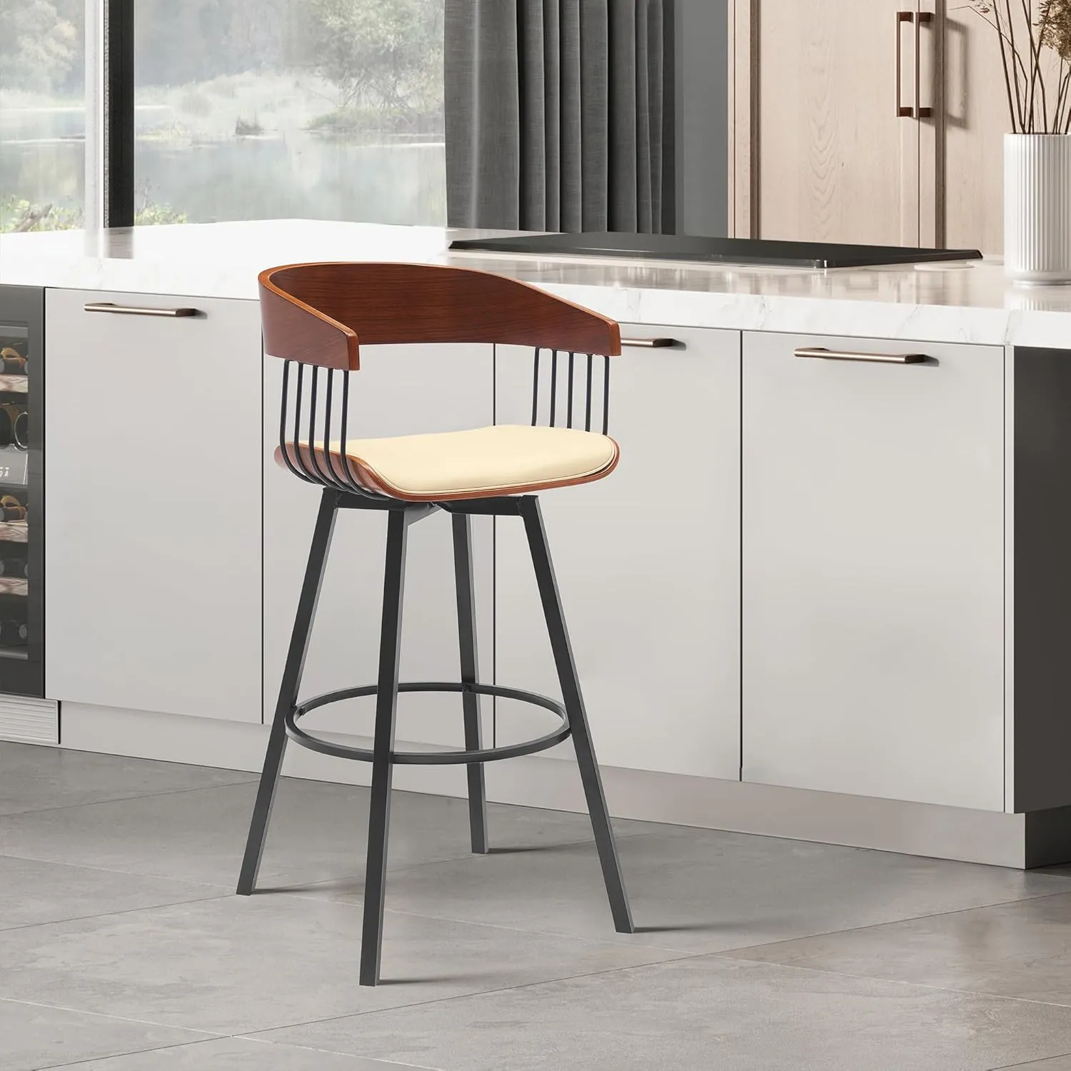 Armen Living Athena 31" Seat Height Mid Century Modern Swivel Walnut Wood Bar Stool for Kitchen Island Counter in Cream Faux Leather with Black Metal