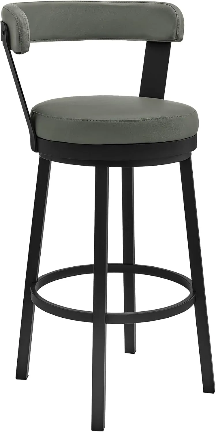 Armen Living Bryant Modern 26" Seat Height Gray Faux Leather and Black Stainless Steel Metal Swivel Bar Stool for Kitchen Island Counter