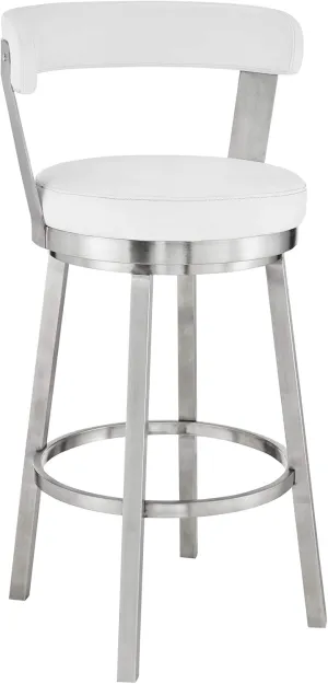 Armen Living Bryant Modern 26" Seat Height White Faux Leather and Brushed Stainless Steel Metal Swivel Bar Stool for Kitchen Island Counter