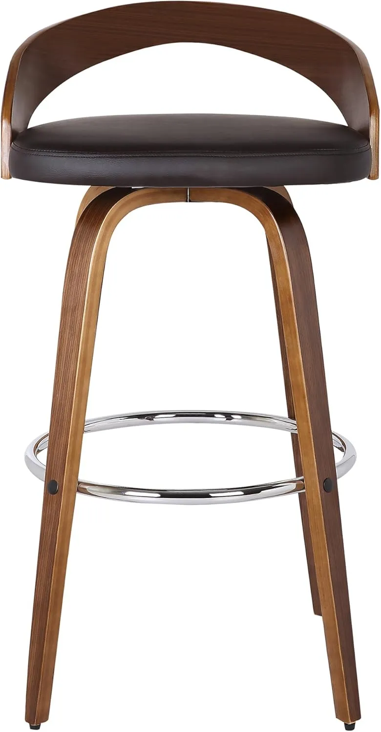 Armen Living Sonia 26" Seat Height Mid Century Modern Swivel Bar Stool for Kitchen Island Counter in Brown Faux Leather and Walnut Wood