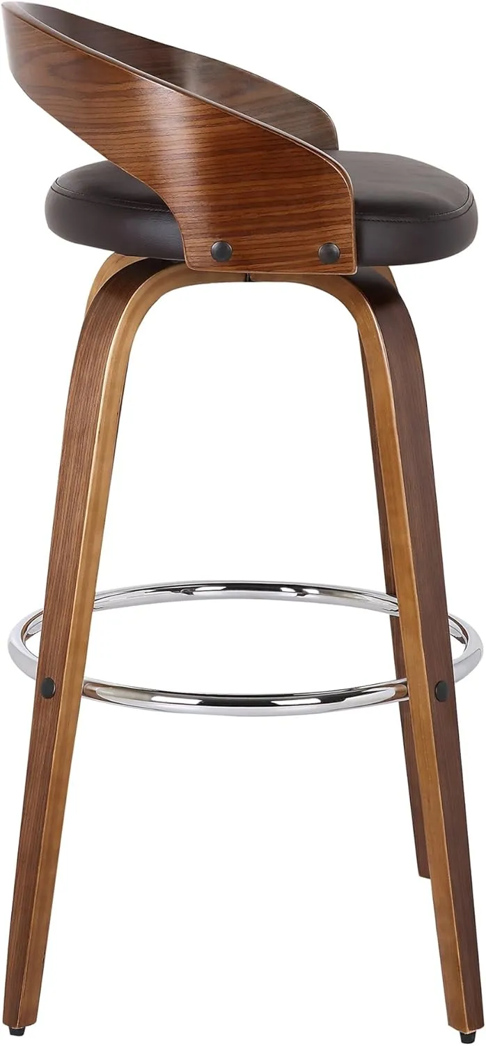 Armen Living Sonia 26" Seat Height Mid Century Modern Swivel Bar Stool for Kitchen Island Counter in Brown Faux Leather and Walnut Wood