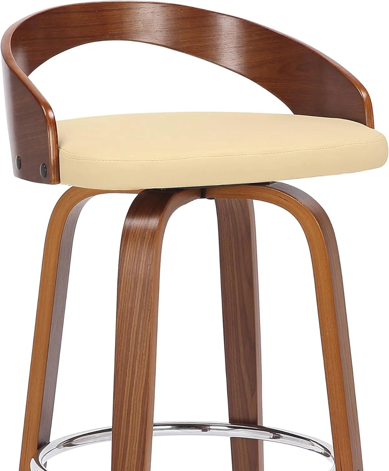 Armen Living Sonia Mid Century Modern Swivel Bar Stool for Kitchen Island Counter in Cream Faux Leather and Walnut Wood, 26" Seat Height