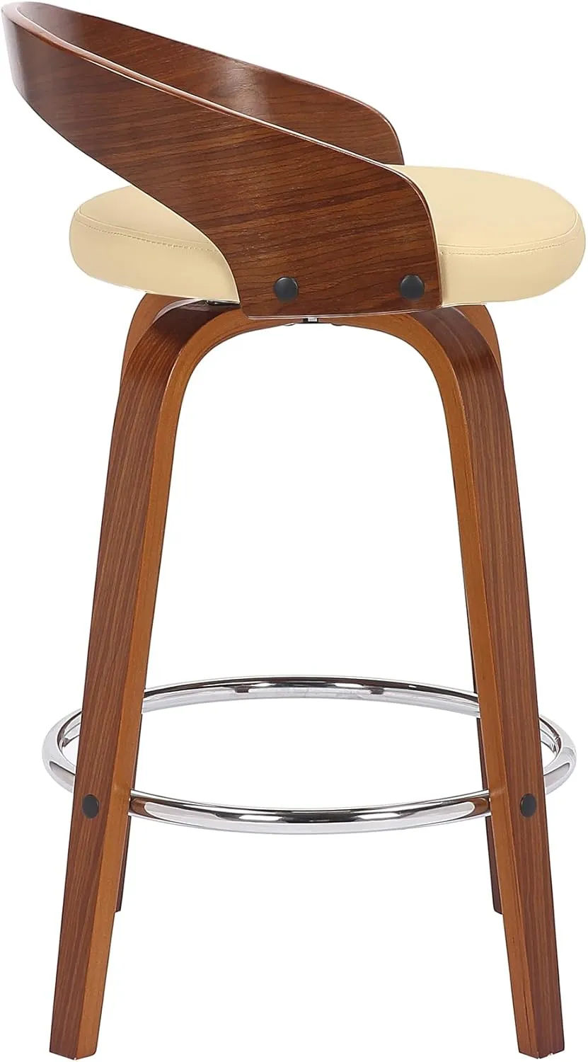 Armen Living Sonia Mid Century Modern Swivel Bar Stool for Kitchen Island Counter in Cream Faux Leather and Walnut Wood, 26" Seat Height