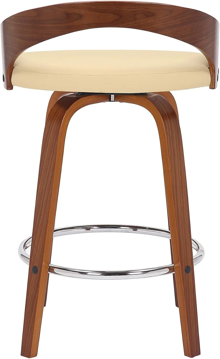 Armen Living Sonia Mid Century Modern Swivel Bar Stool for Kitchen Island Counter in Cream Faux Leather and Walnut Wood, 26" Seat Height