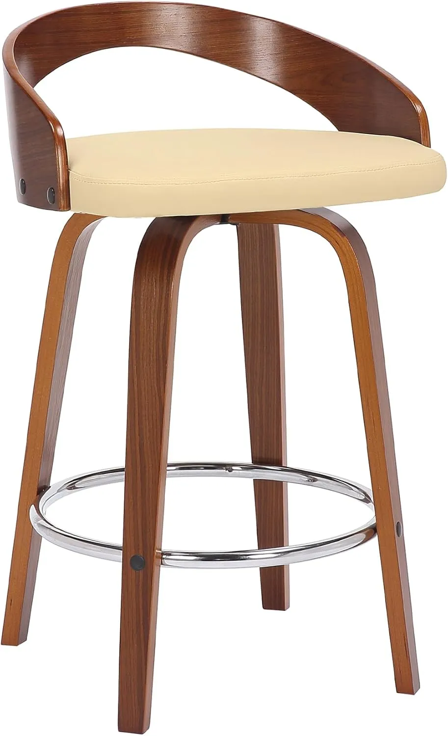 Armen Living Sonia Mid Century Modern Swivel Bar Stool for Kitchen Island Counter in Cream Faux Leather and Walnut Wood, 26" Seat Height
