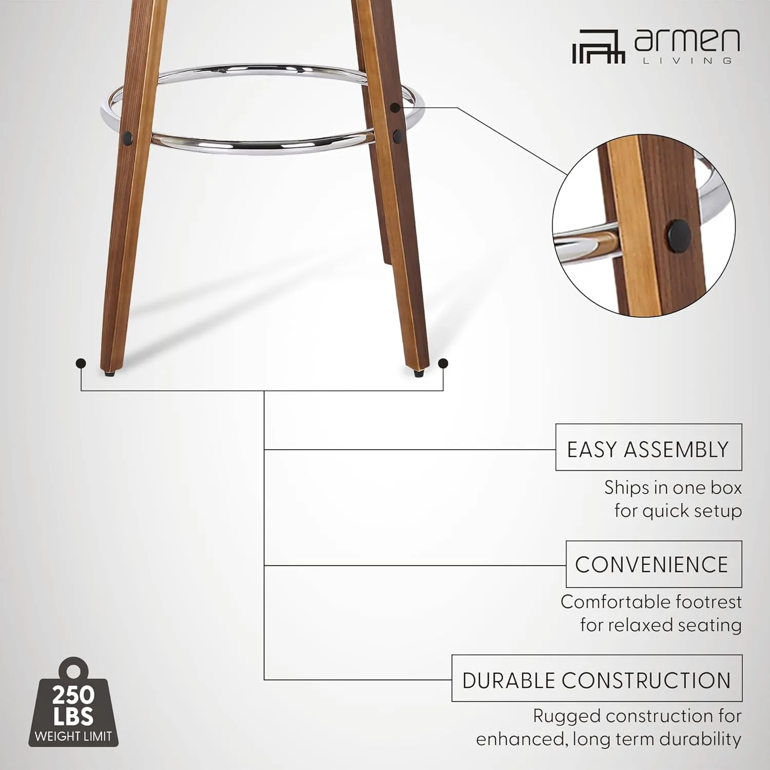 Armen Living Sonia Mid Century Modern Swivel Bar Stool for Kitchen Island Counter in Cream Faux Leather and Walnut Wood, 26" Seat Height