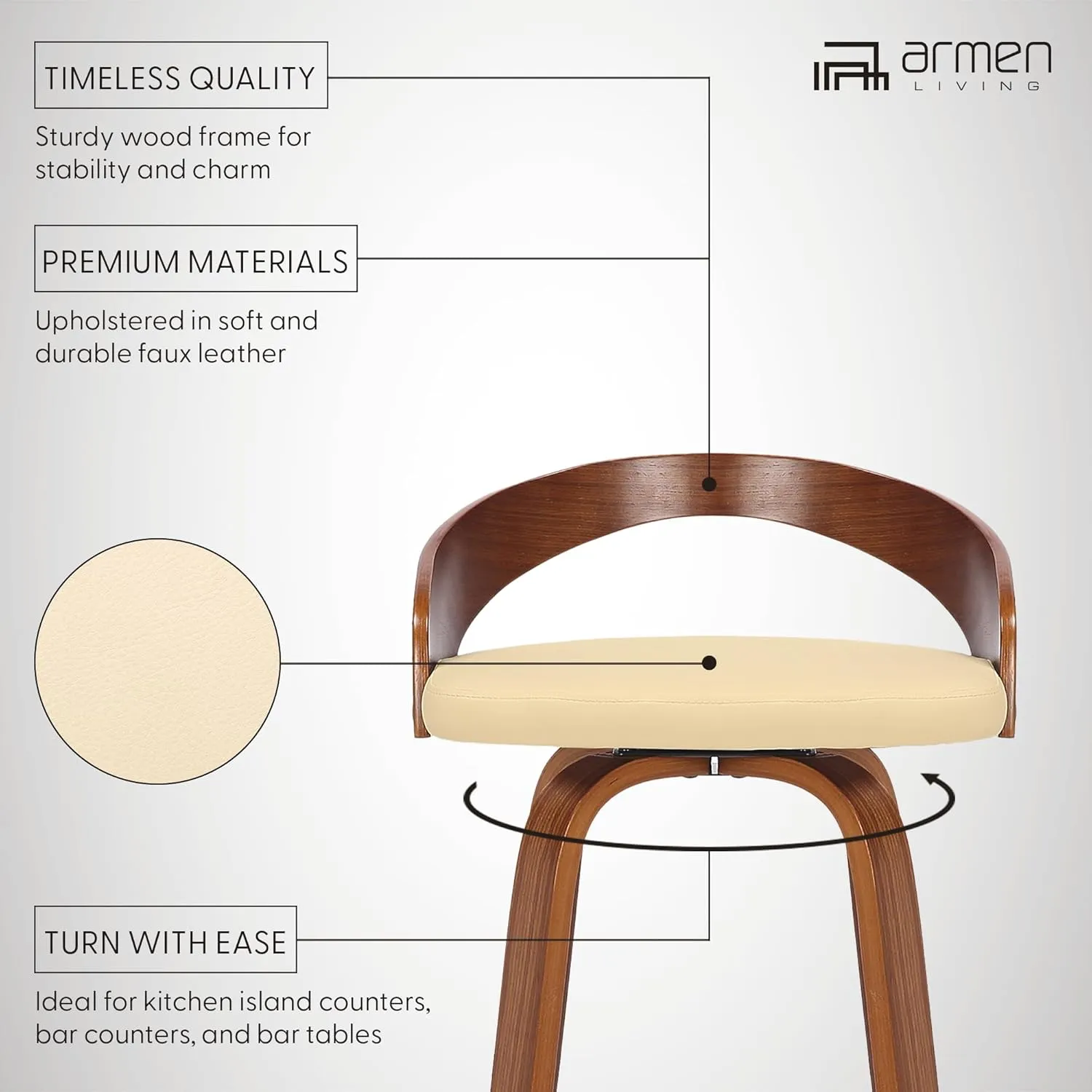 Armen Living Sonia Mid Century Modern Swivel Bar Stool for Kitchen Island Counter in Cream Faux Leather and Walnut Wood, 26" Seat Height
