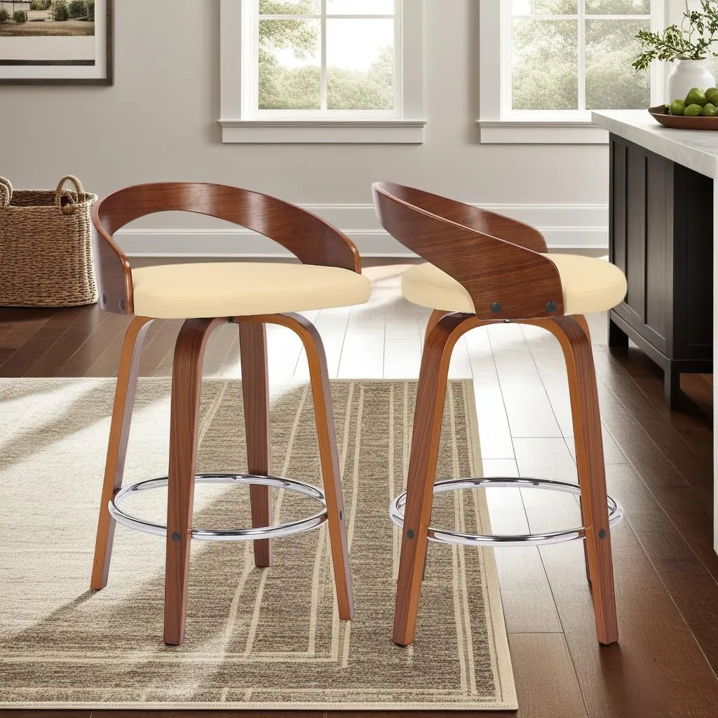 Armen Living Sonia Mid Century Modern Swivel Bar Stool for Kitchen Island Counter in Cream Faux Leather and Walnut Wood, 26" Seat Height