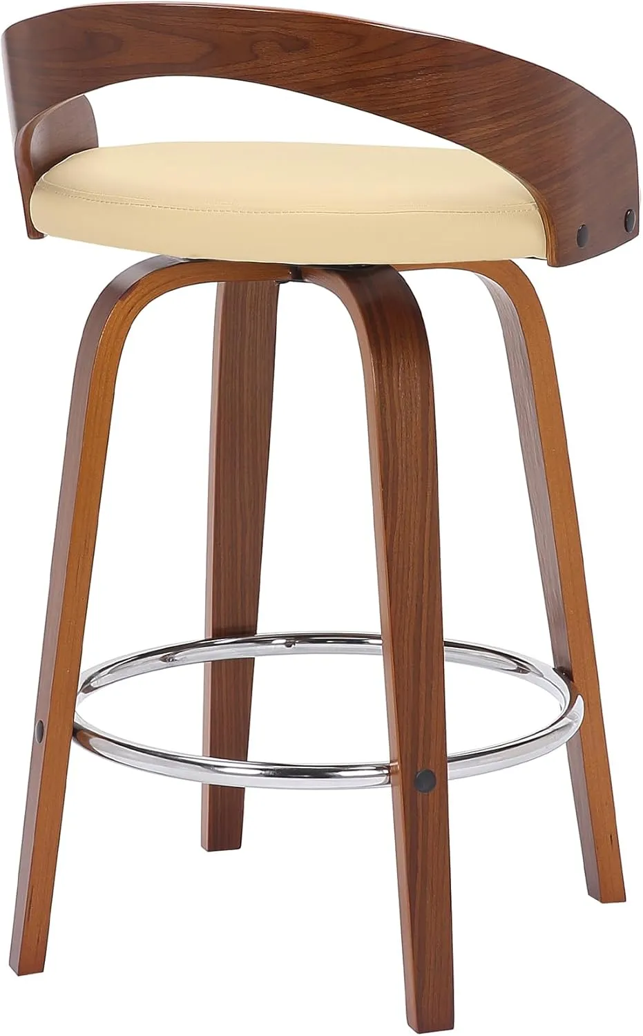 Armen Living Sonia Mid Century Modern Swivel Bar Stool for Kitchen Island Counter in Cream Faux Leather and Walnut Wood, 26" Seat Height