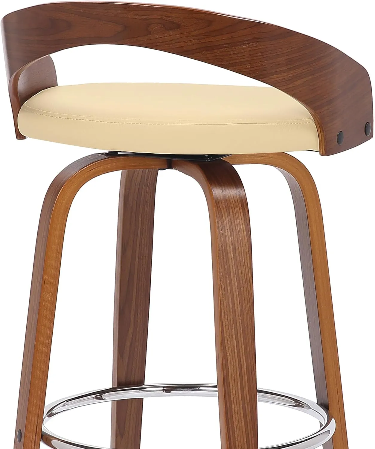 Armen Living Sonia Mid Century Modern Swivel Bar Stool for Kitchen Island Counter in Cream Faux Leather and Walnut Wood, 26" Seat Height