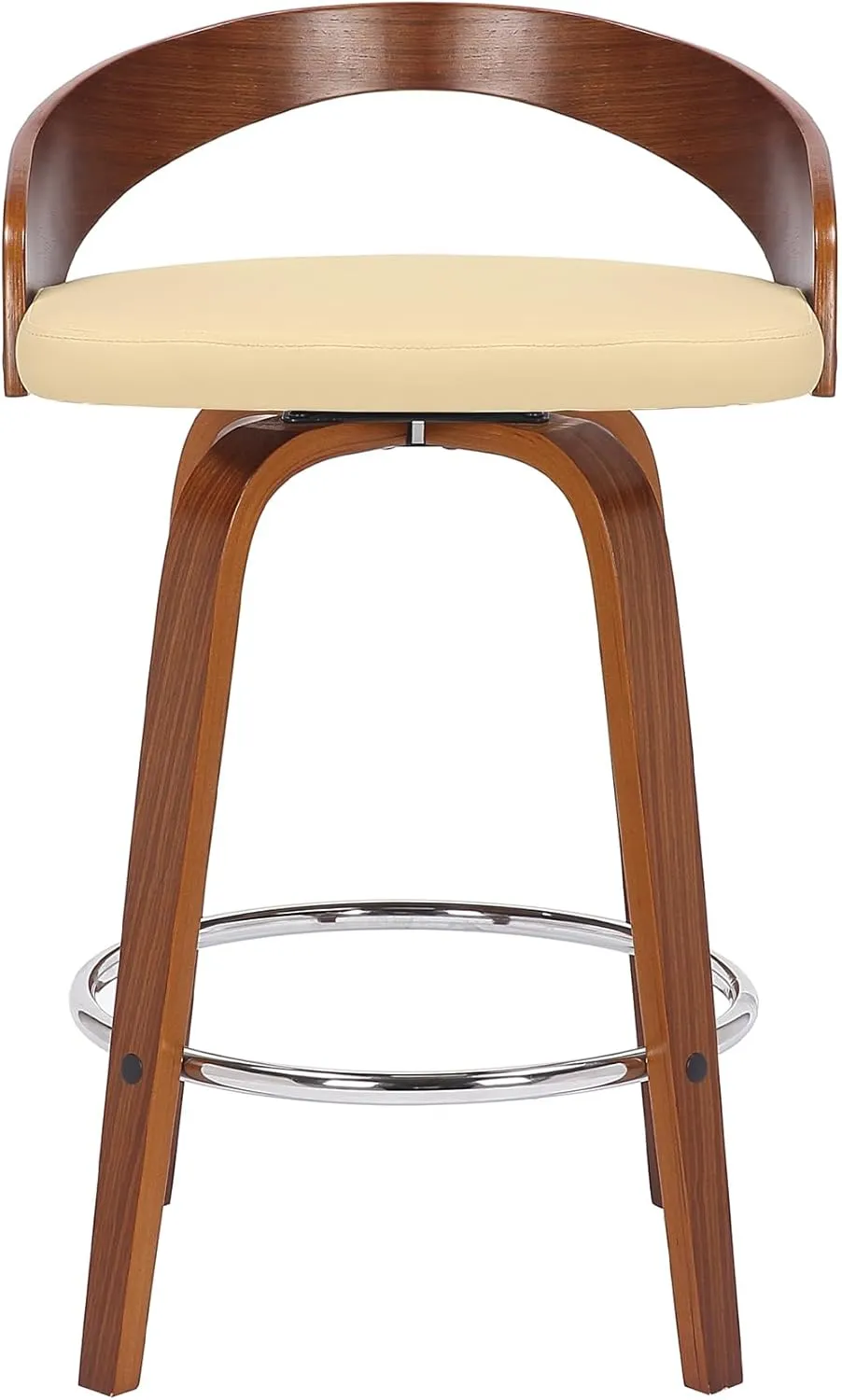 Armen Living Sonia Mid Century Modern Swivel Bar Stool for Kitchen Island Counter in Cream Faux Leather and Walnut Wood, 26" Seat Height