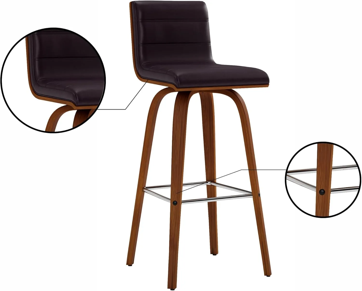 Armen Living Vienna 30" Bar Height Swivel Brown Faux Leather and Walnut Wood Bar Stool