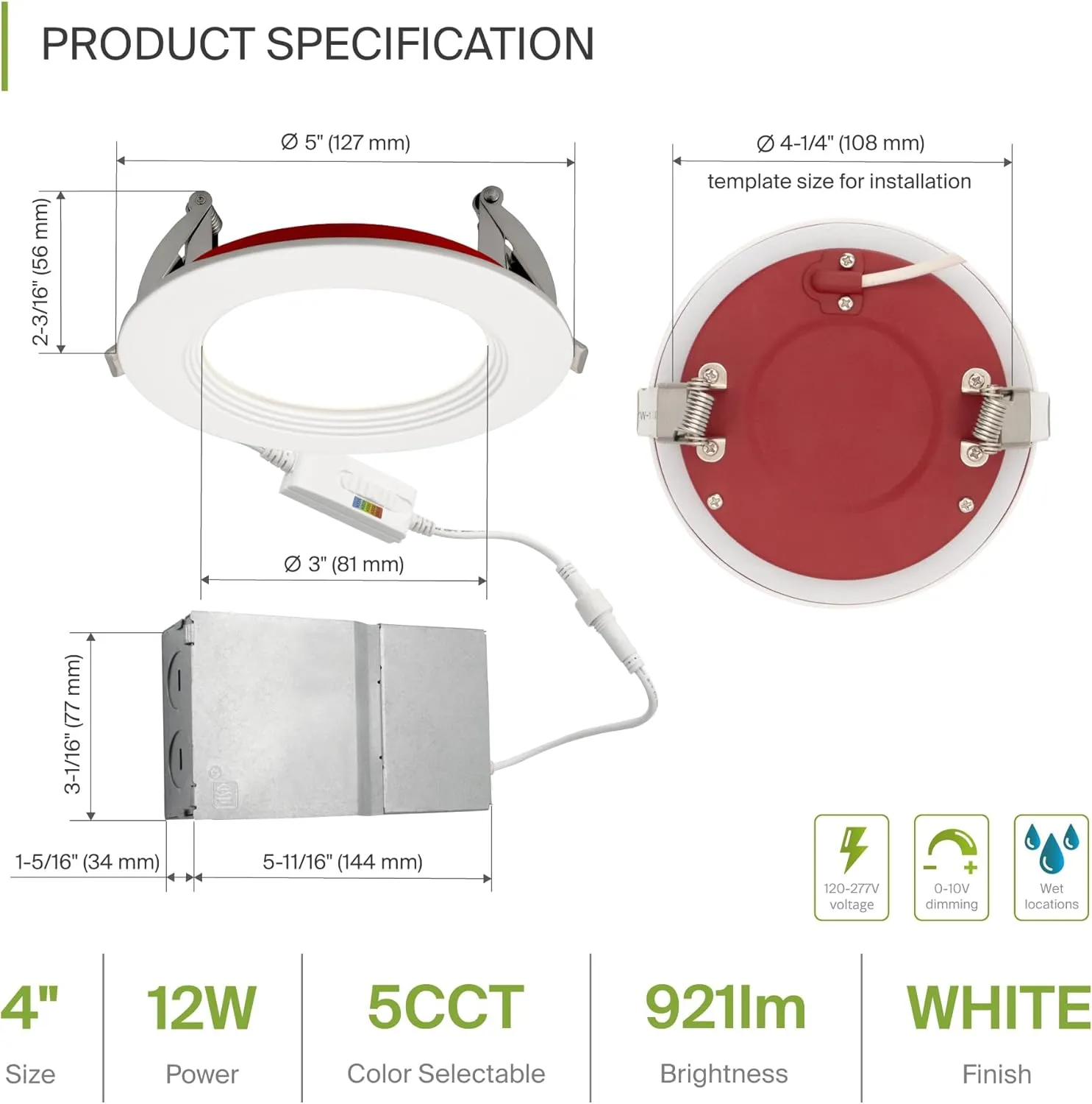 ASD Fire Rated Recessed Light 4 Inch, 12W 120-277V, Mini Panel Baffle Trim, 5 CCT 2700K/3000K/3500K/4000K/5000K, Dimmable Canless Commercial LED Downlight, Wet and IC Rated, Air Tight, ETL, 6 Pack