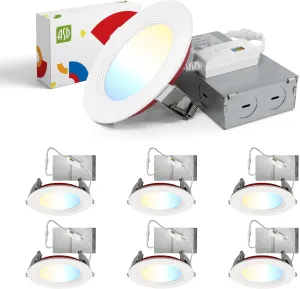 ASD Fire Rated Recessed Light 4 Inch, 12W 120-277V, Mini Panel Baffle Trim, 5 CCT 2700K/3000K/3500K/4000K/5000K, Dimmable Canless Commercial LED Downlight, Wet and IC Rated, Air Tight, ETL, 6 Pack
