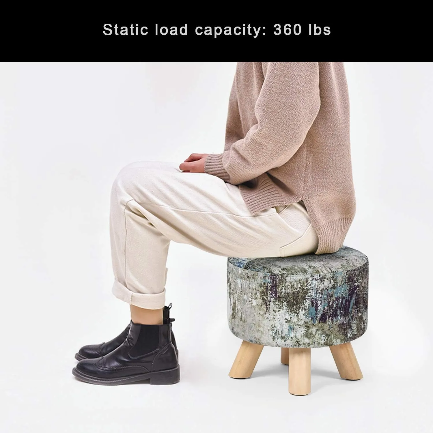 Asense Round Ottoman Foot Rest Stool Fabric Padded Seat Cute Footstools Ottoman with Non-Skid Wooden Legs, Assorted Green
