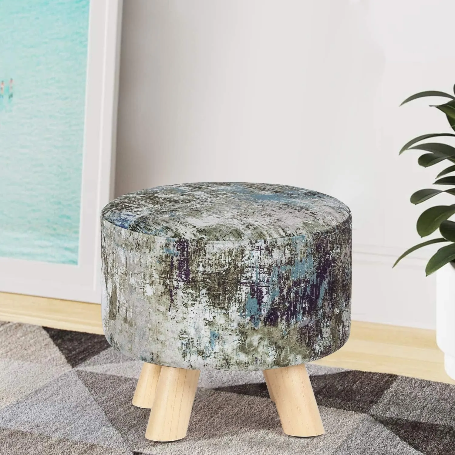 Asense Round Ottoman Foot Rest Stool Fabric Padded Seat Cute Footstools Ottoman with Non-Skid Wooden Legs, Assorted Green