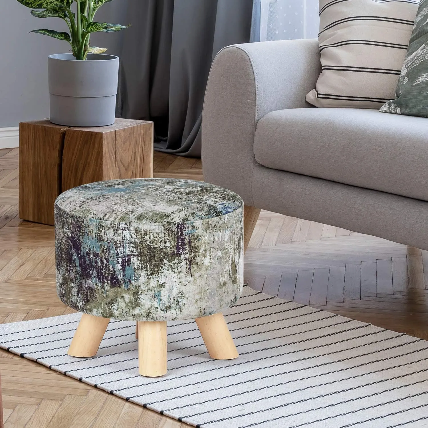 Asense Round Ottoman Foot Rest Stool Fabric Padded Seat Cute Footstools Ottoman with Non-Skid Wooden Legs, Assorted Green