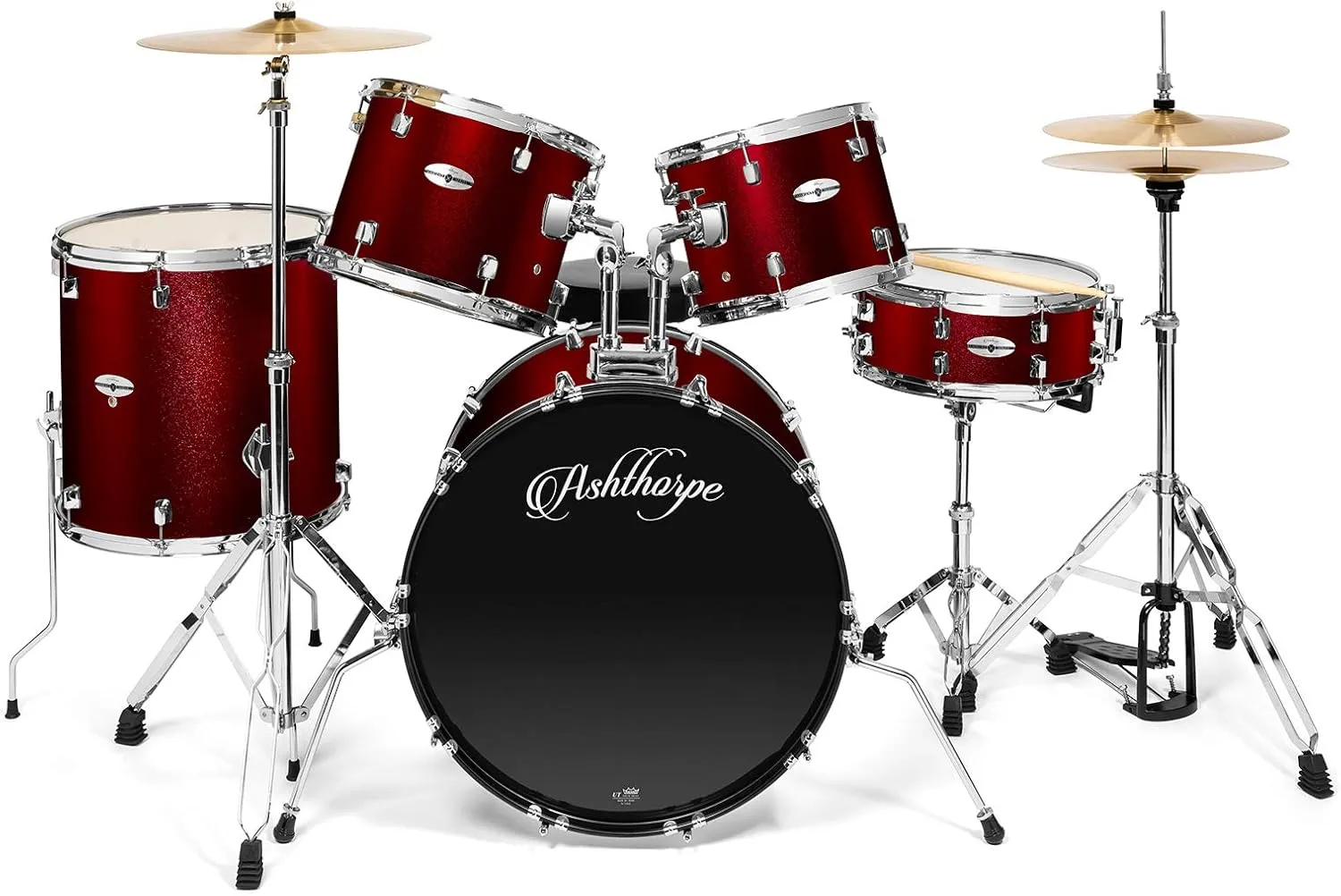 Ashthorpe 5-Piece Full Size Adult Drum Set with Remo Heads & Premium Brass Cymbals - Complete Professional Percussion Kit with Chrome Hardware - Red