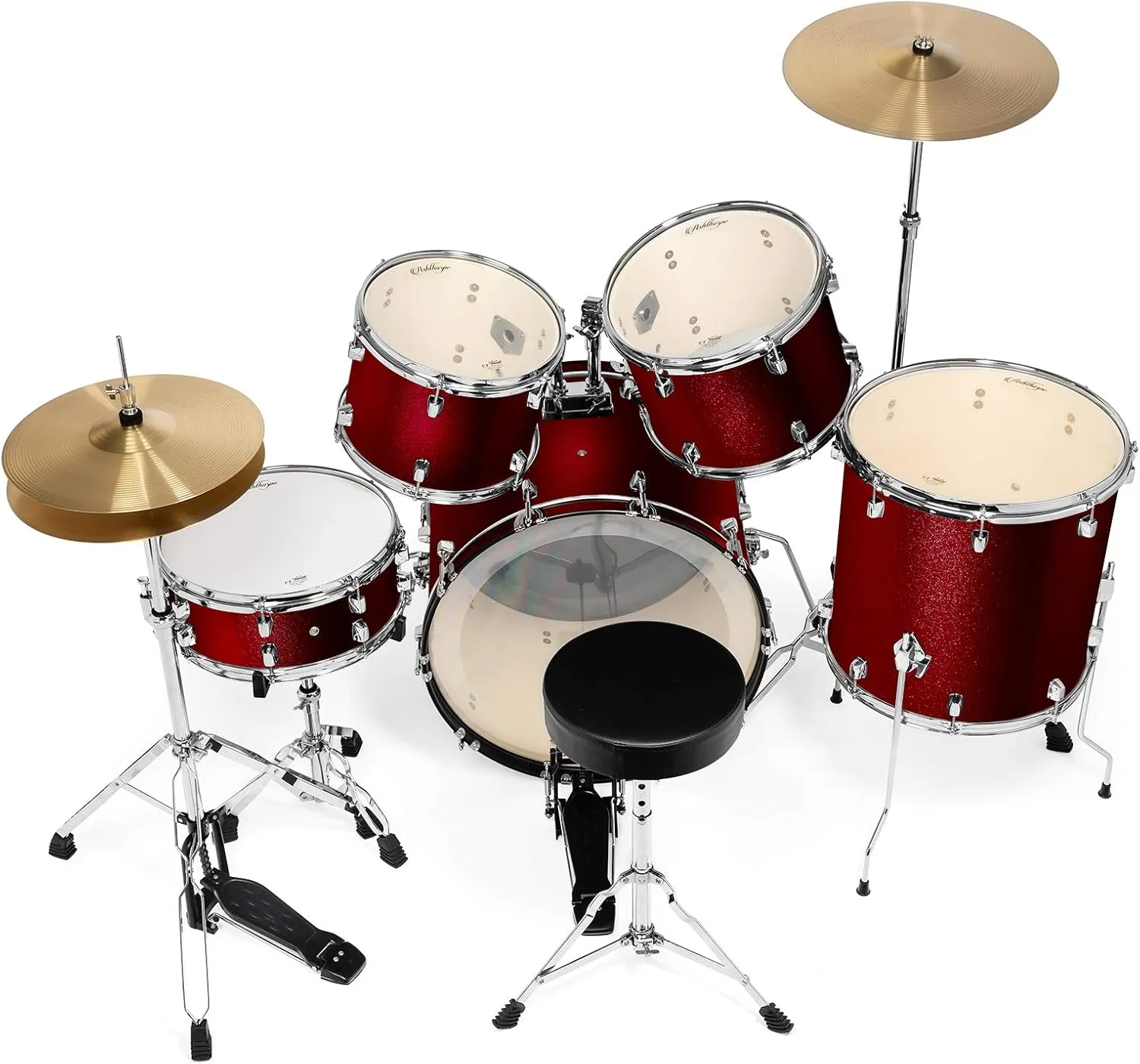 Ashthorpe 5-Piece Full Size Adult Drum Set with Remo Heads & Premium Brass Cymbals - Complete Professional Percussion Kit with Chrome Hardware - Red