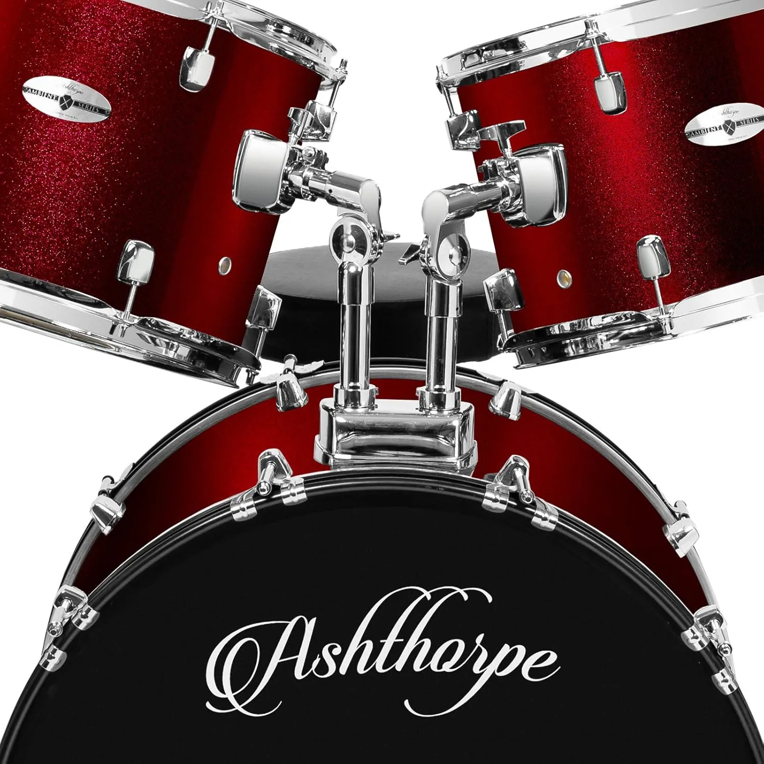 Ashthorpe 5-Piece Full Size Adult Drum Set with Remo Heads & Premium Brass Cymbals - Complete Professional Percussion Kit with Chrome Hardware - Red