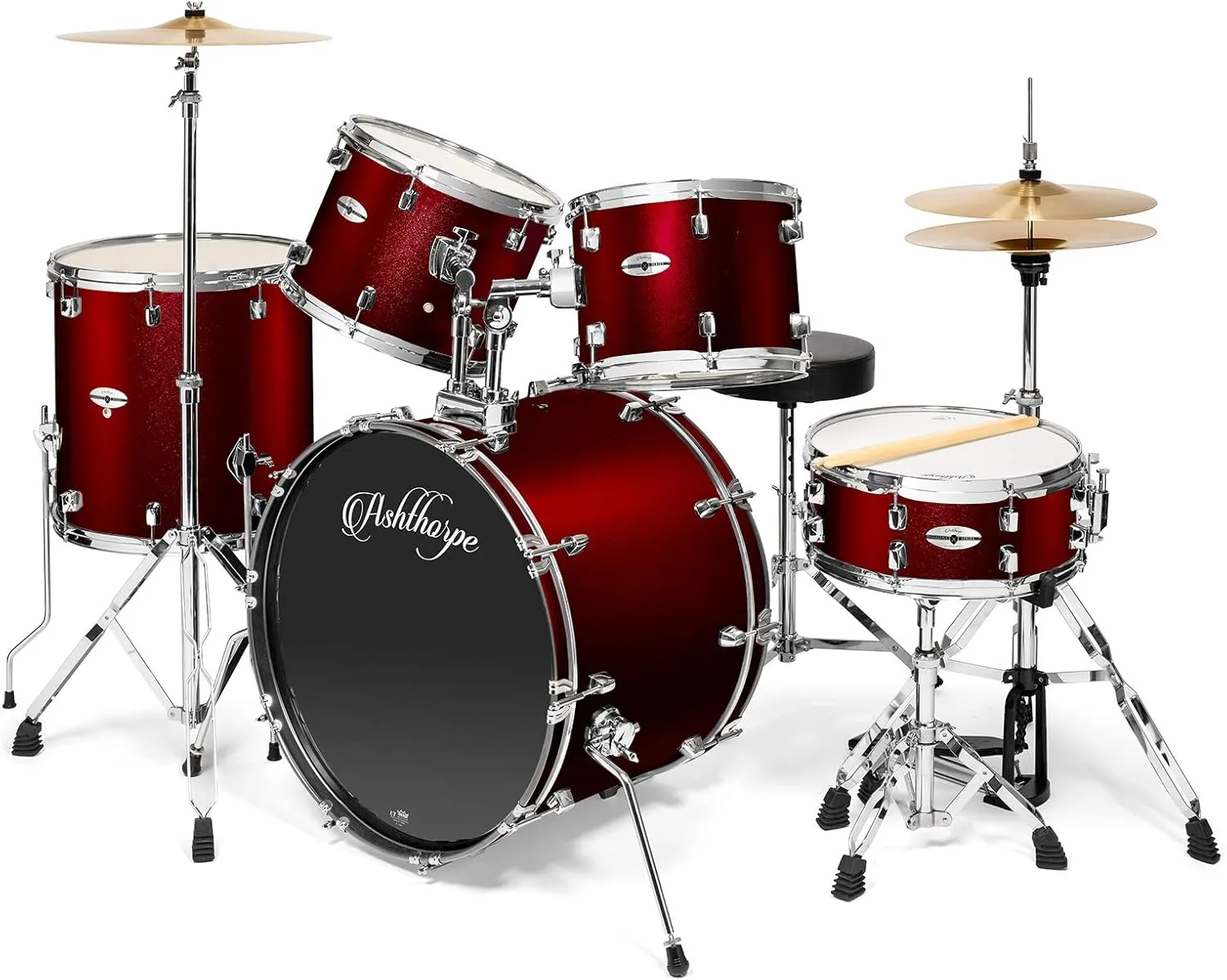 Ashthorpe 5-Piece Full Size Adult Drum Set with Remo Heads & Premium Brass Cymbals - Complete Professional Percussion Kit with Chrome Hardware - Red