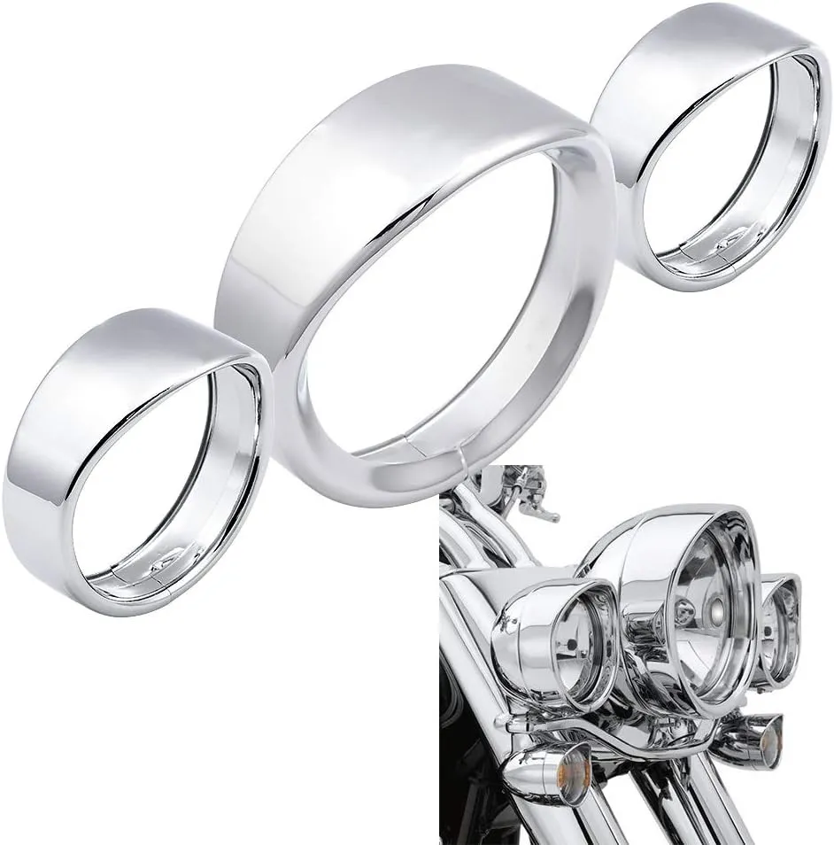 Astra Depot Visor Style 7in. Headlamp Trim Ring   4.5" Passing Lamp Turn Signal Trim Rings Replacement For Harley Touring Road King Softail (Chrome)