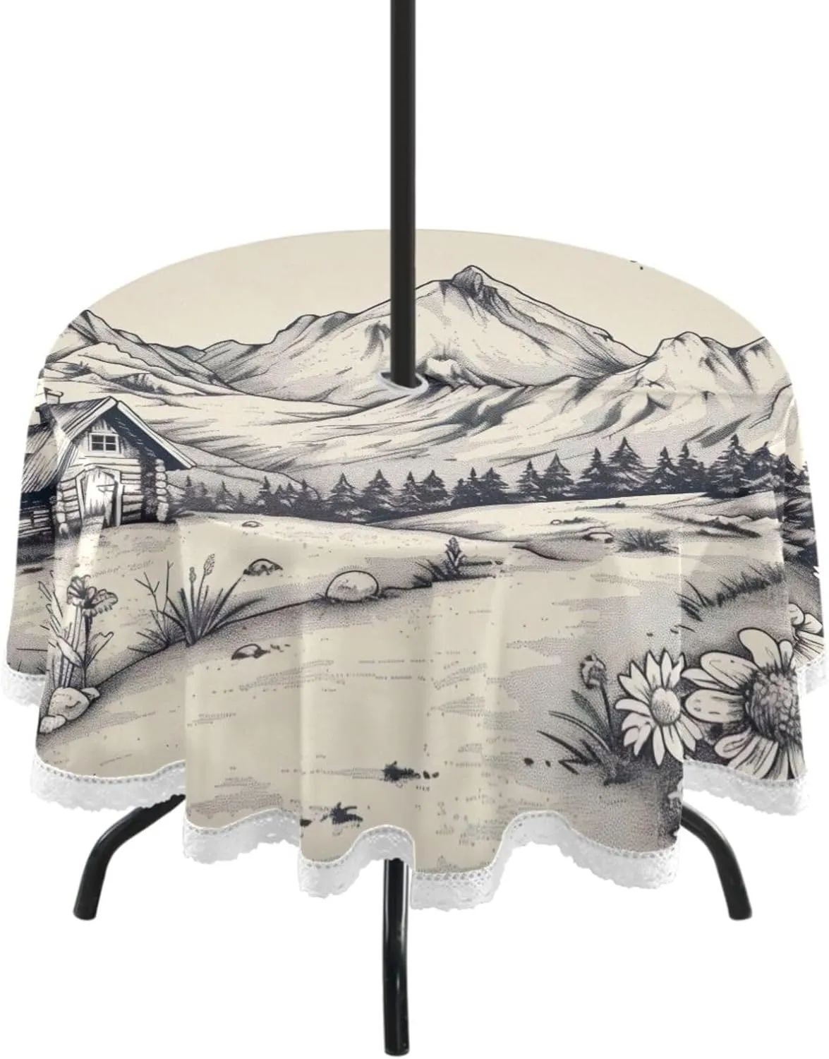 ATTX Alpine Landscape Outdoor Round Tablecloth - 60 Inch Waterproof Spillproof Indoor/Outdoor Use with Zippered Umbrella Hole for Camping Picnic Beach Party Patio#281
