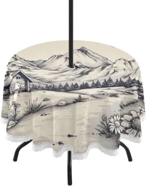 ATTX Alpine Landscape Outdoor Round Tablecloth - 60 Inch Waterproof Spillproof Indoor/Outdoor Use with Zippered Umbrella Hole for Camping Picnic Beach Party Patio#281