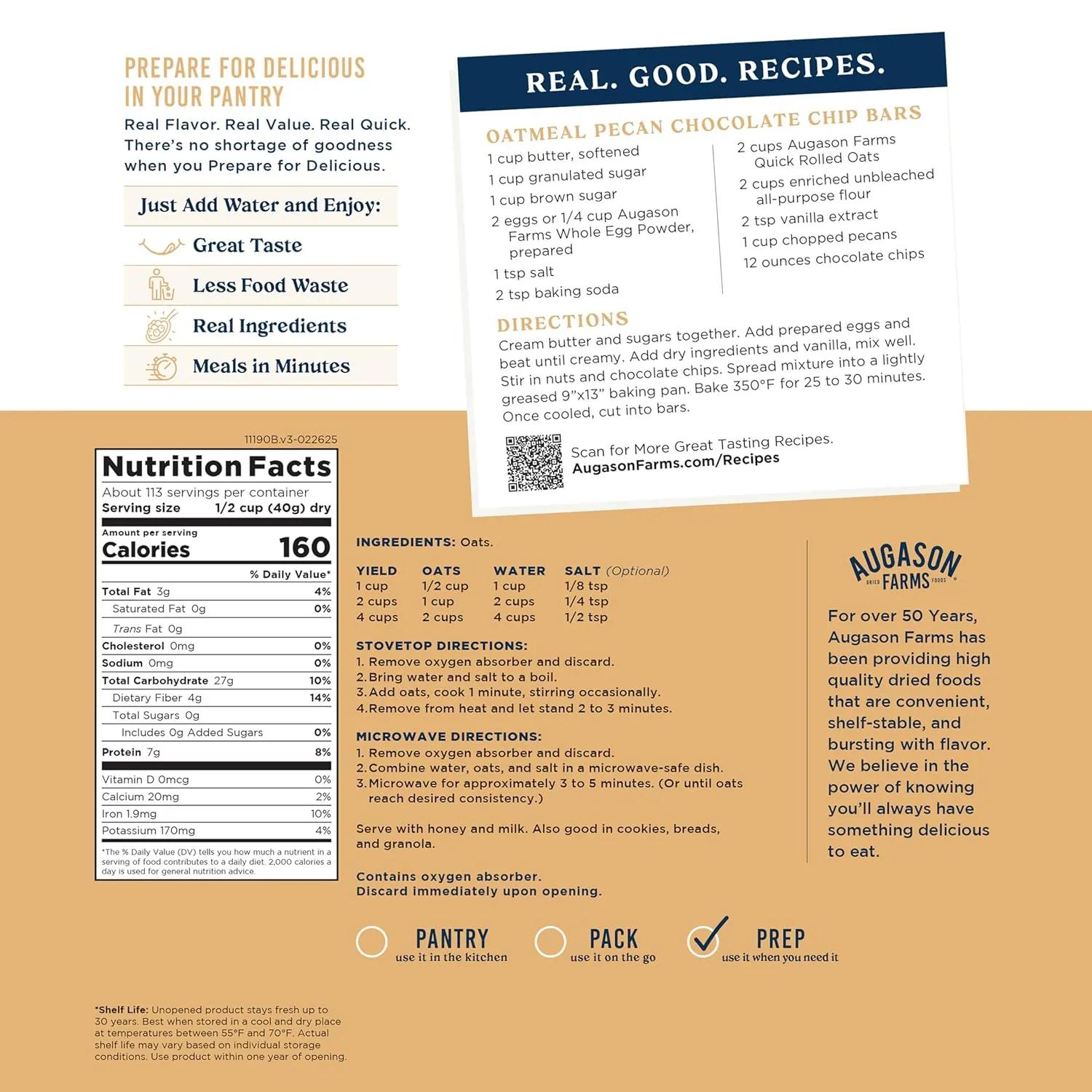 Augason Farms Quick Rolled Oats 4-Gallon Pail, Emergency Food Supply, Everyday Meals, 113 Servings