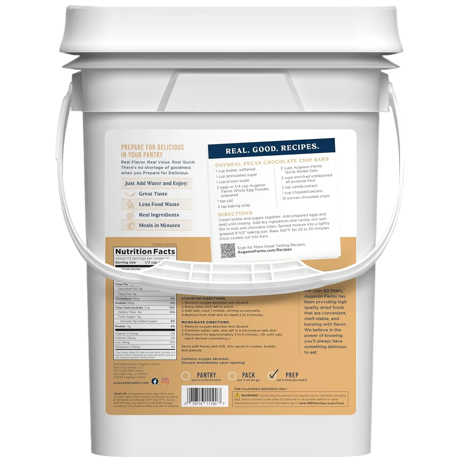 Augason Farms Quick Rolled Oats 4-Gallon Pail, Emergency Food Supply, Everyday Meals, 113 Servings